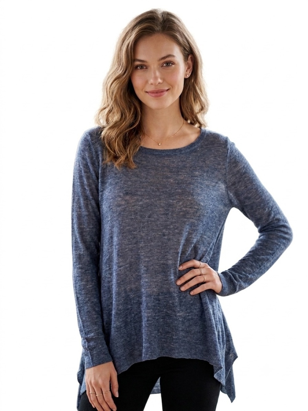Alice + Olivia Base Linen Blue Knit Light S Asymmetrical Hem Long Sleeve Sweater